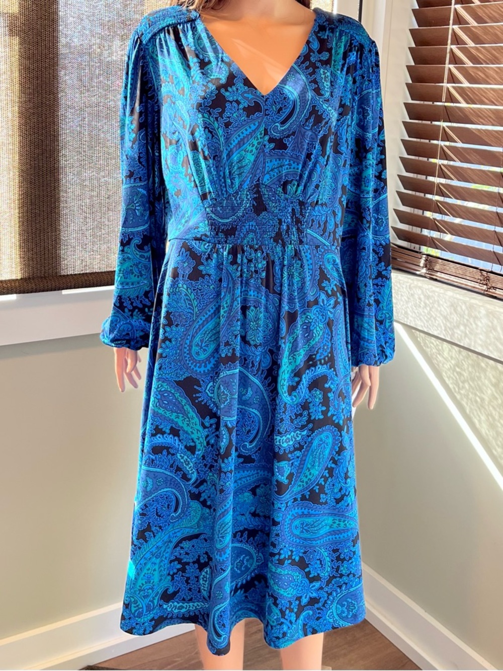 London Times XL Blue Paisley Smocked Waist Midi Dress NWT Boho